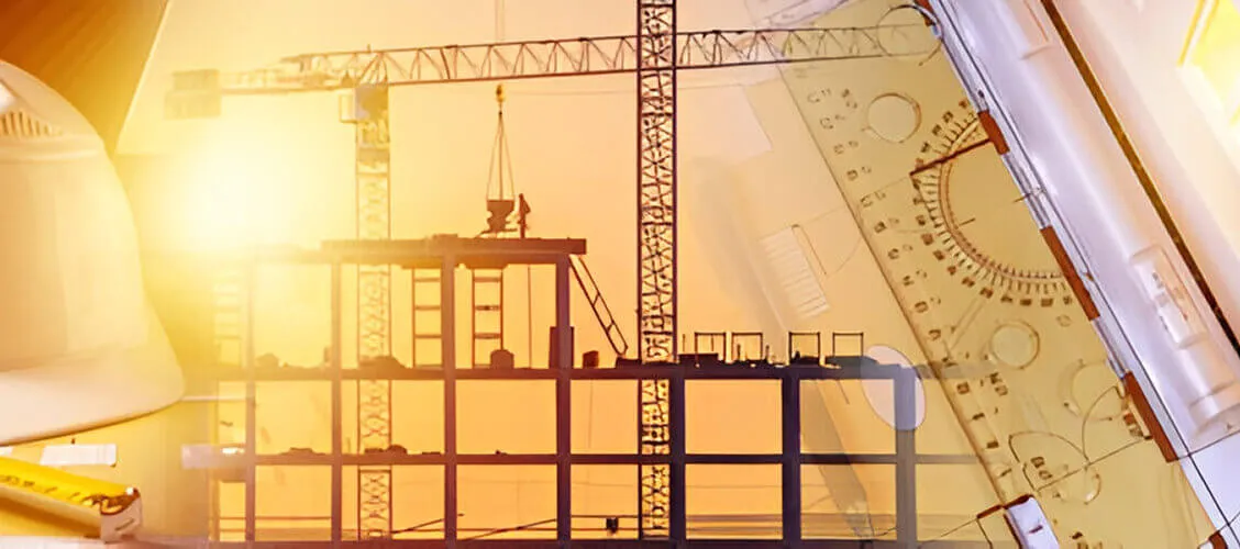 Construction site with tower cranes and technical drawings